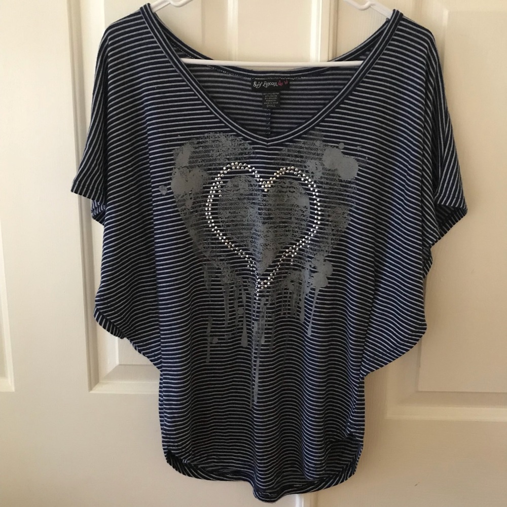 Self Esteem Striped Heart Jeweled Top Size Small